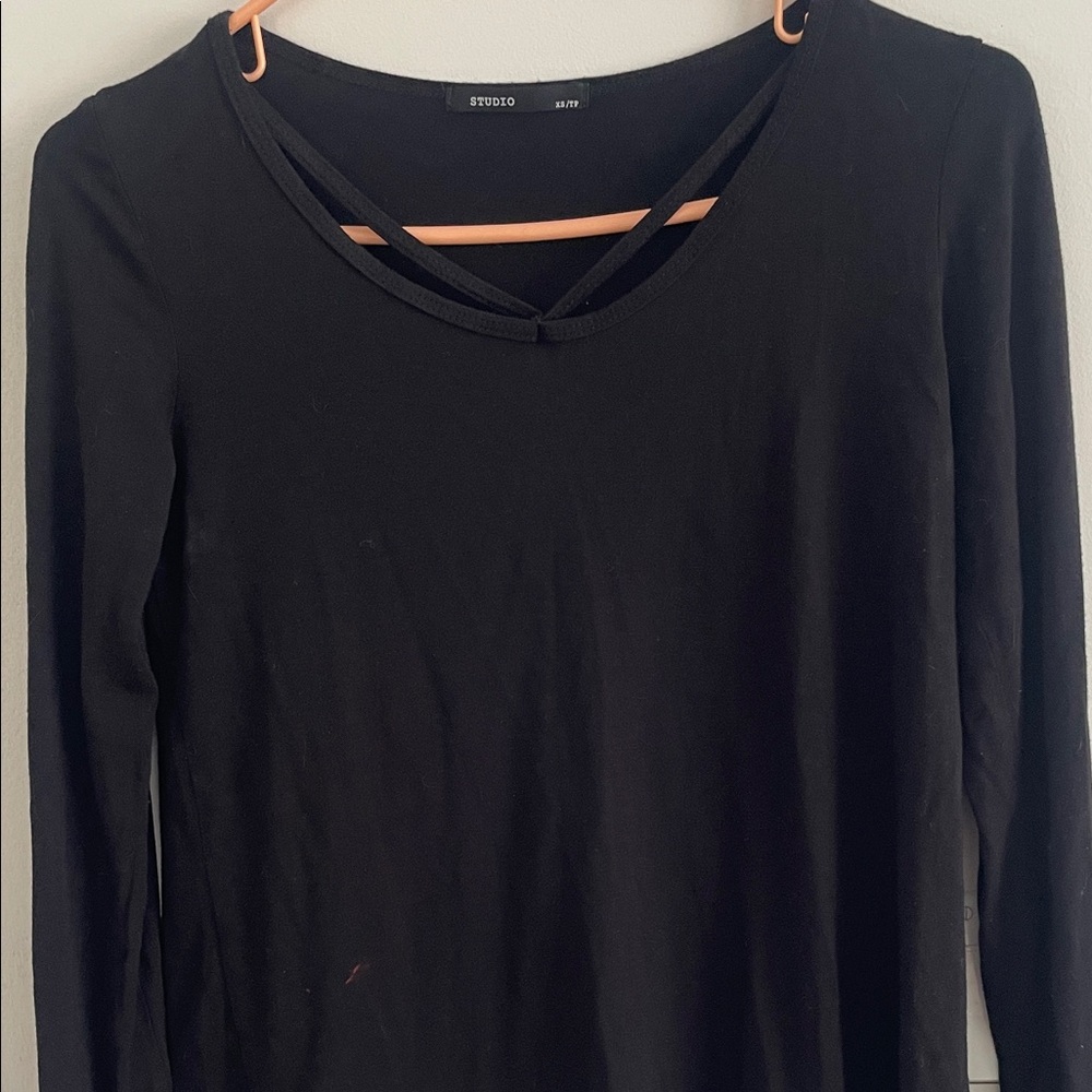 STUDIO Black V Neck Long Sleeve Top Strap Detail Soft Stretchy Size XS